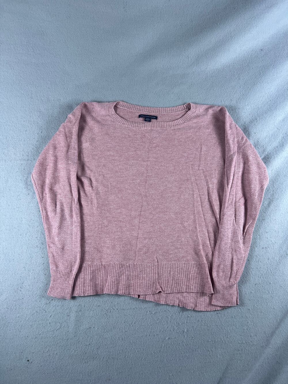 American Eagle Sweater Womens S Pink Crew Neck Open Knit Ribbed Pullover